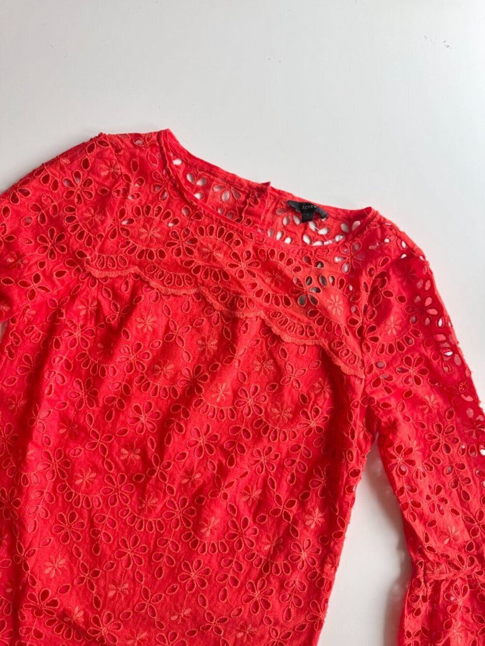 NWT J.CREW Orange Red Embroidered Cotton Eyelet Bell Sleeve Shift Dress, Size 4 - Picture 5 of 15